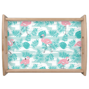 Pink flamingos, green palm leaves, tropical. serving tray