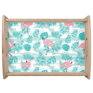 Pink flamingos, green palm leaves, tropical. serving tray