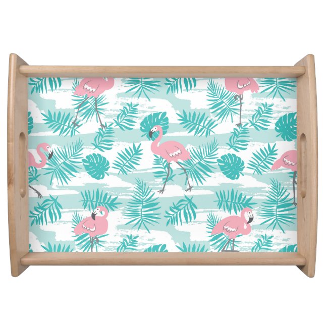Pink flamingos, green palm leaves, tropical. serving tray (Front)