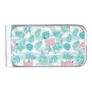 Pink flamingos, green palm leaves, tropical. silver finish money clip