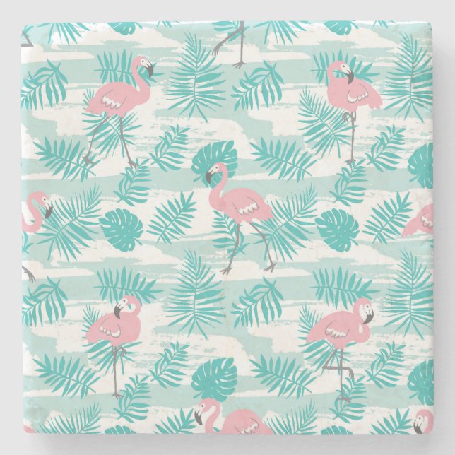 Pink flamingos, green palm leaves, tropical. stone coaster (Front)