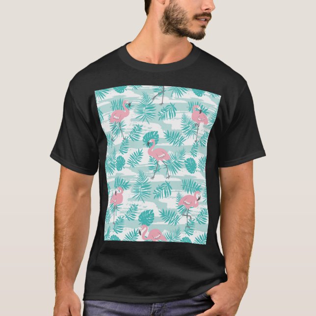 Pink flamingos, green palm leaves, tropical. T-Shirt (Front)