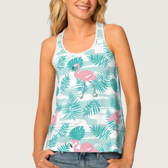 Pink flamingos, green palm leaves, tropical. tank top (Front)