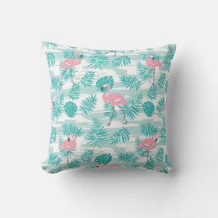 Pink flamingos, green palm leaves, tropical. throw pillow