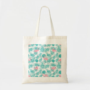 Pink flamingos, green palm leaves, tropical. tote bag