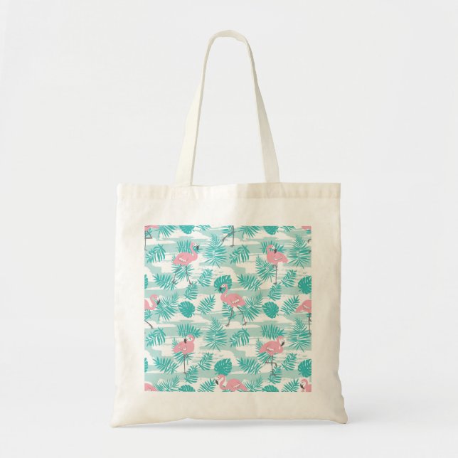 Pink flamingos, green palm leaves, tropical. tote bag (Front)