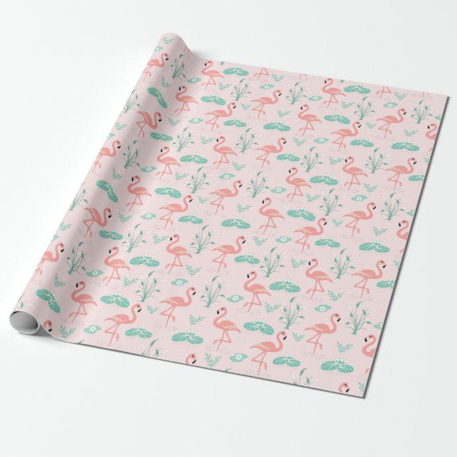 Pink Flamingos Green Palm Leaves Tropical Wrapping Paper (Unrolled)