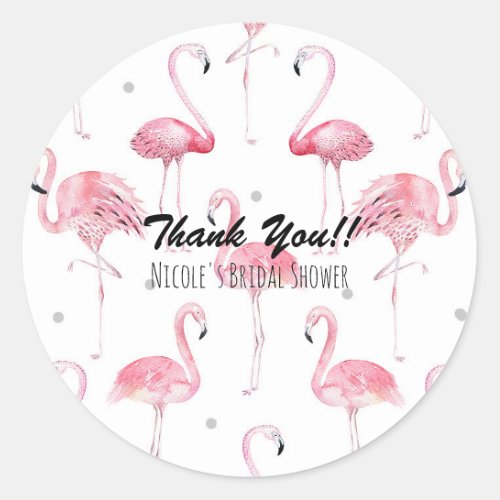 Pink Flamingos Grey Polka Dots Chic Favor Classic Round Sticker