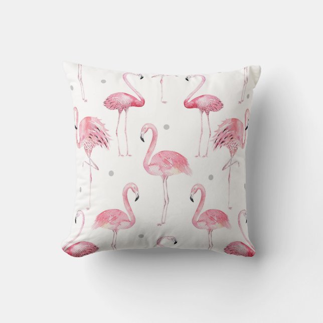 Pink Flamingos Grey Polka Dots Chic Minimal Custom Throw Pillow (Front)