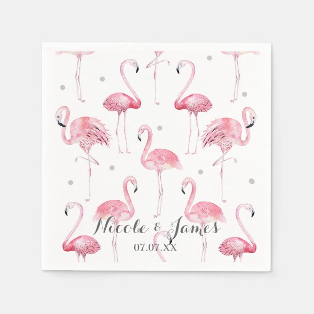 Pink Flamingos Grey Polka Dots Chic Pattern Party Paper Napkins (Front)