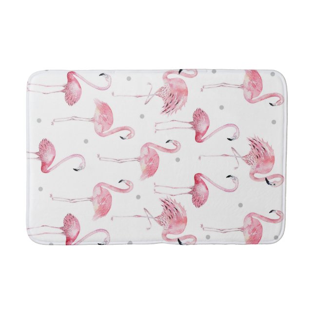 Pink Flamingos Grey Polka Dots Chic Tropical Bath Mat (Front)