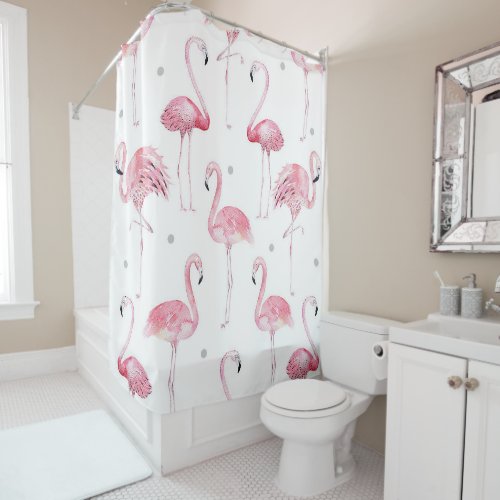 Pink Flamingos Grey Polka Dots Chic Tropical Shower Curtain