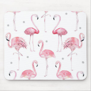 Pink Flamingos Grey Polka Dots Chic Watercolor Mouse Pad