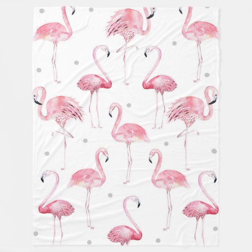 Pink Flamingos Grey Polka Dots Pattern Fleece Blanket