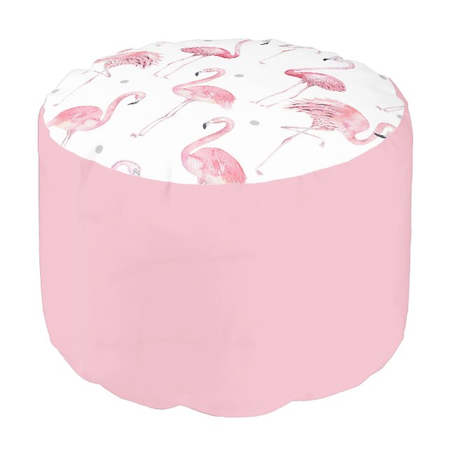 Pink Flamingos Grey Polka Dots Pattern Pouf (Angled Back)