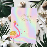 Pink Flamingos Tropical Holographic Birthday Card | Zazzle