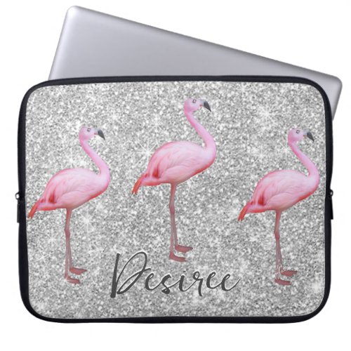 Pink Flamingos Her Name Silver Glitter Trendy  Laptop Sleeve