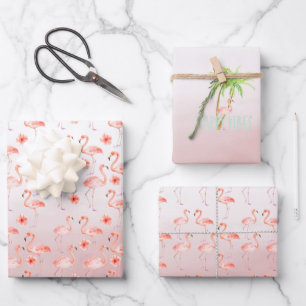 Pink Flamingos Hibiscus Floral Wrapping Paper Sheets