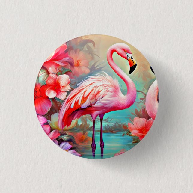 Pink Flamingos in A Lake with Flowers-20231 Button (Front)