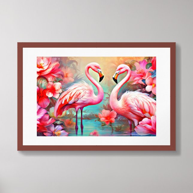 Pink Flamingos in A Lake with Flowers-20231 Framed Art (Framed Front)
