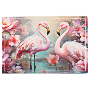 Pink Flamingos in A Lake with Flowers-20231 Metal Print