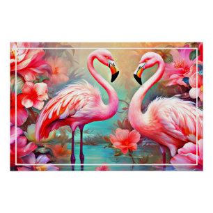 Pink Flamingos in A Lake with Flowers-20231 Poster
