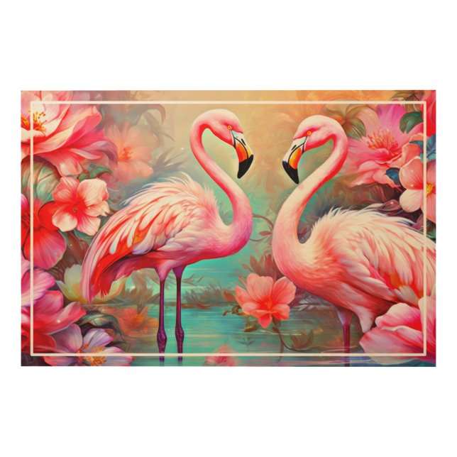 Pink Flamingos in A Lake with Flowers-20231 Wood Wall Art (Front)