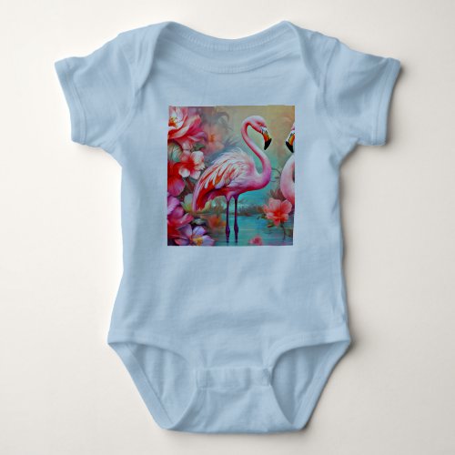 Pink Flamingos in A Lake with Flowers  Baby Bodysuit