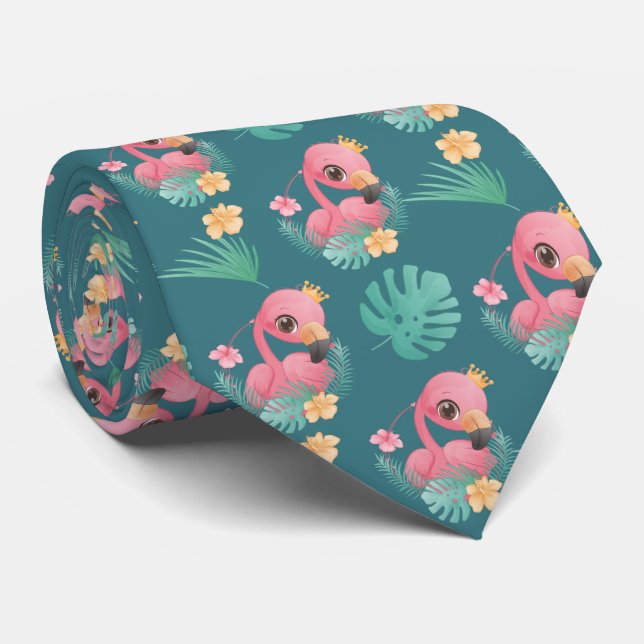 Pink Flamingos In Green Tropical Leaves Neck Tie (Rolled)