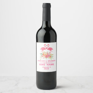 Pink flamingos in love floral bouquet wine label