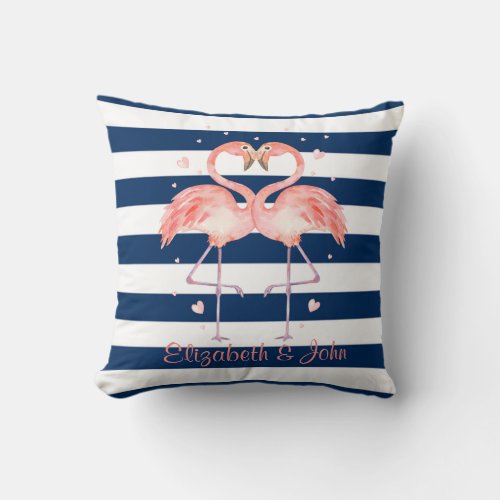Pink Flamingos In LoveNavy Blue Striped Throw Pillow