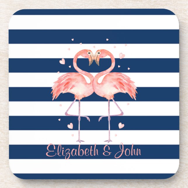 Pink Flamingos In Love,Navy Blue Stripes  Beverage Coaster (Front)