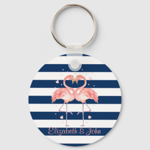 Pink Flamingos In Love,Navy Blue Stripes Keychain