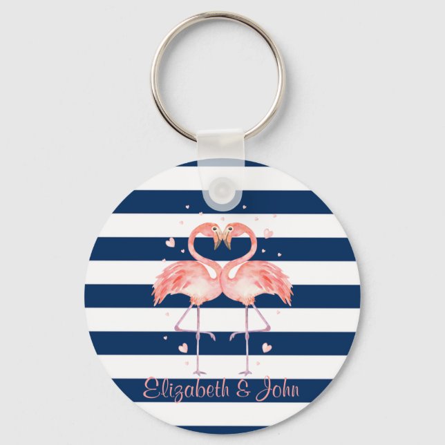 Pink Flamingos In Love,Navy Blue Stripes   Keychain (Front)