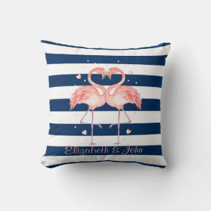 Pink Flamingos In Love,Navy Blue Stripes Throw Pillow