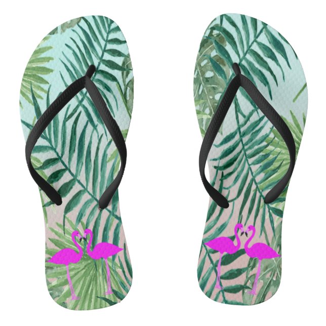 Pink Flamingos In Love On Palm  Leaves Flip Flops (Footbed)