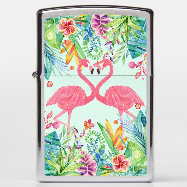 Pink Flamingos In Tropical Flowers Zippo Lighter (Front)