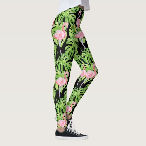 Pink Flamingos in Tropical Foliage on Black Leggings