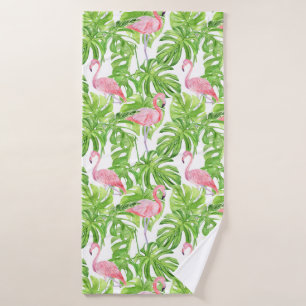 Pink Flamingos in Tropical Foliage on White Bath Towel