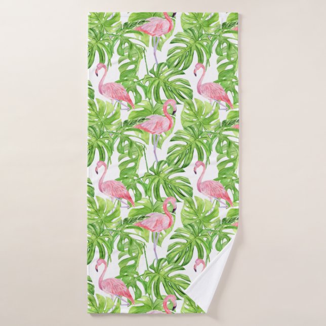 Pink Flamingos in Tropical Foliage on White  Bath Towel (Bath Towel)