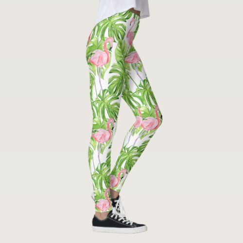 Pink Flamingos in Tropical Foliage on White Leggings