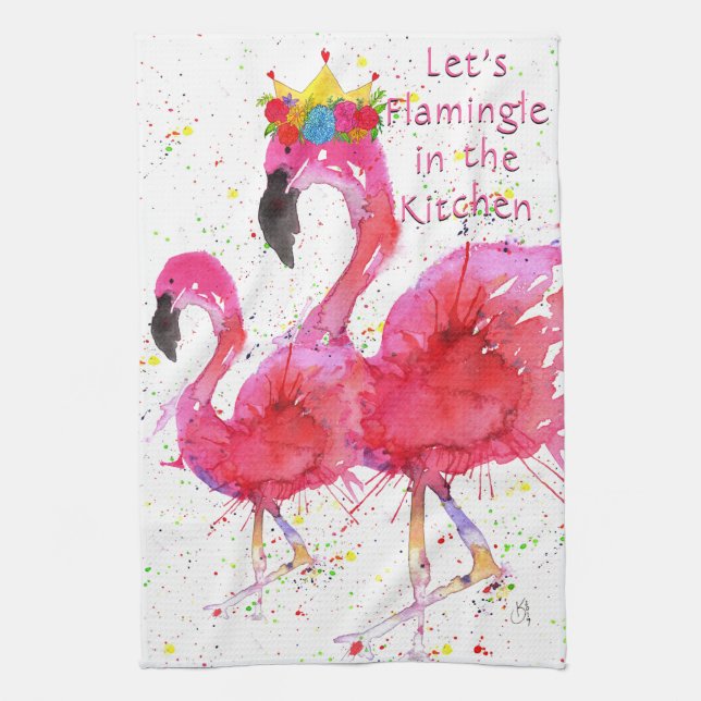 Pink Flamingos Let's Flamingle in the Kitchen Kitchen Towel (Vertical)