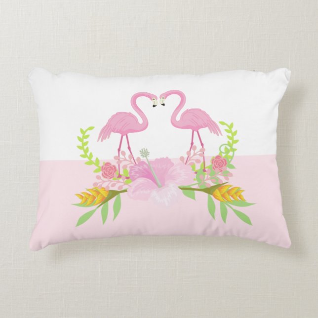 Pink flamingos love birds tropical flowers accent pillow (Front)