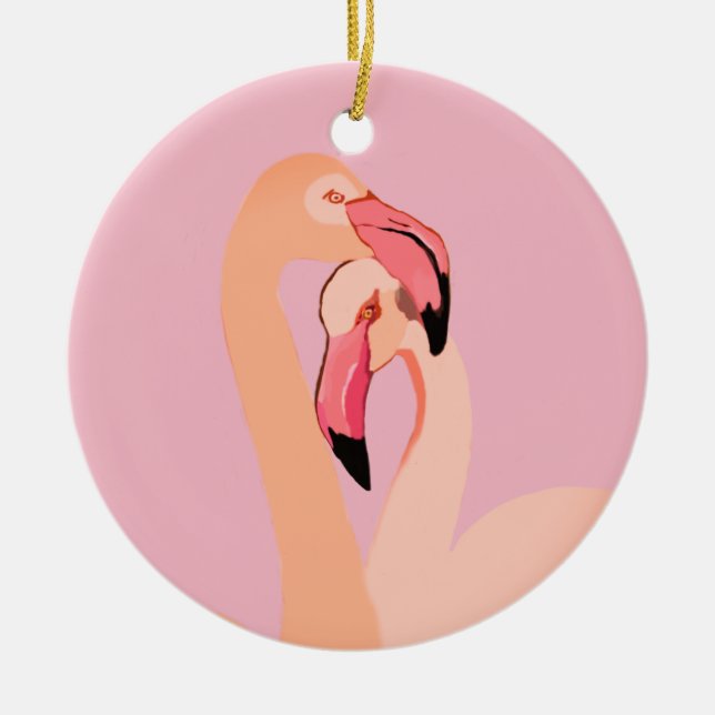 Pink Flamingos Love  Circle Ornament, Flamingo Ceramic Ornament (Front)
