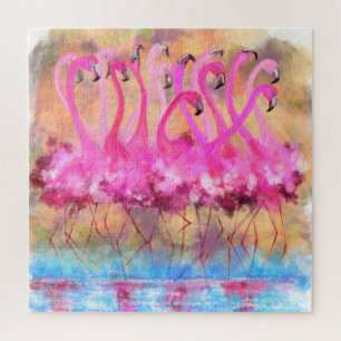 Pink Flamingos Love Dance - Original Art Painting Jigsaw Puzzle
