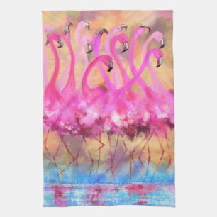 Pink Flamingos Love Dance - Original Art Painting Kitchen Towel