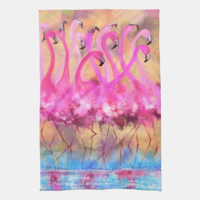 Pink Flamingos Love Dance - Original Art Painting Kitchen Towel (Vertical)
