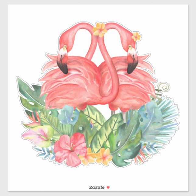 Pink Flamingos Love Tropical Flowers Sticker (Sheet)