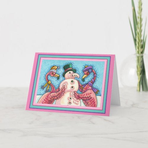 PINK FLAMINGOS MAKE SNOWMAN FUNNY CHRISTMAS BIRDS HOLIDAY CARD