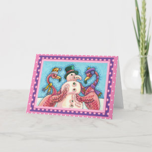 PINK FLAMINGOS MAKE SNOWMAN, FUNNY CHRISTMAS BIRDS HOLIDAY CARD